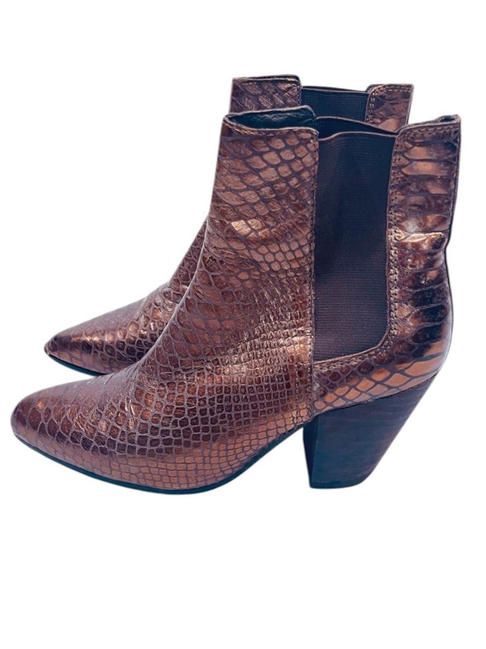 ASH Brown Metallic Snake-Embossed Pointed Leather Toe Chelsea Booties 37 - Picture 2 of 10